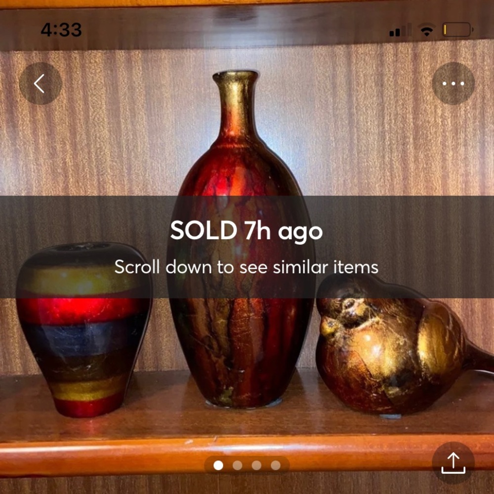 3 pcs Contemporary Red Gold Ceramic Foil and Lacquer 2 Vases and Bird Figurine